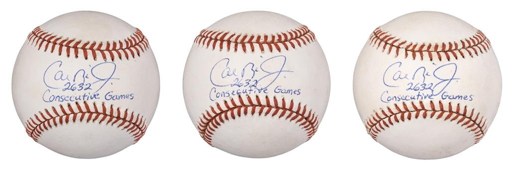 Lot of (3) Cal Ripken Jr. Signed/Inscribed Baseballs (PSA/DNA PreCert)